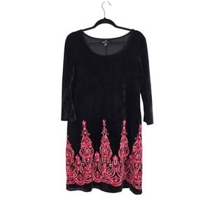 Vtg Ronni Nicole Black Velvet Dress 3/4 Sleeve Pink Embroidery Size 12 Holiday